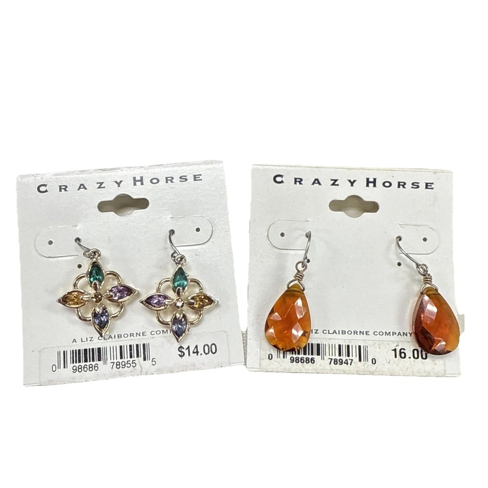 Liz Claiborne‎ Crazy Horse Earrings Gold Tone Cut Stone Vintage Lot 2 Pair E1-9